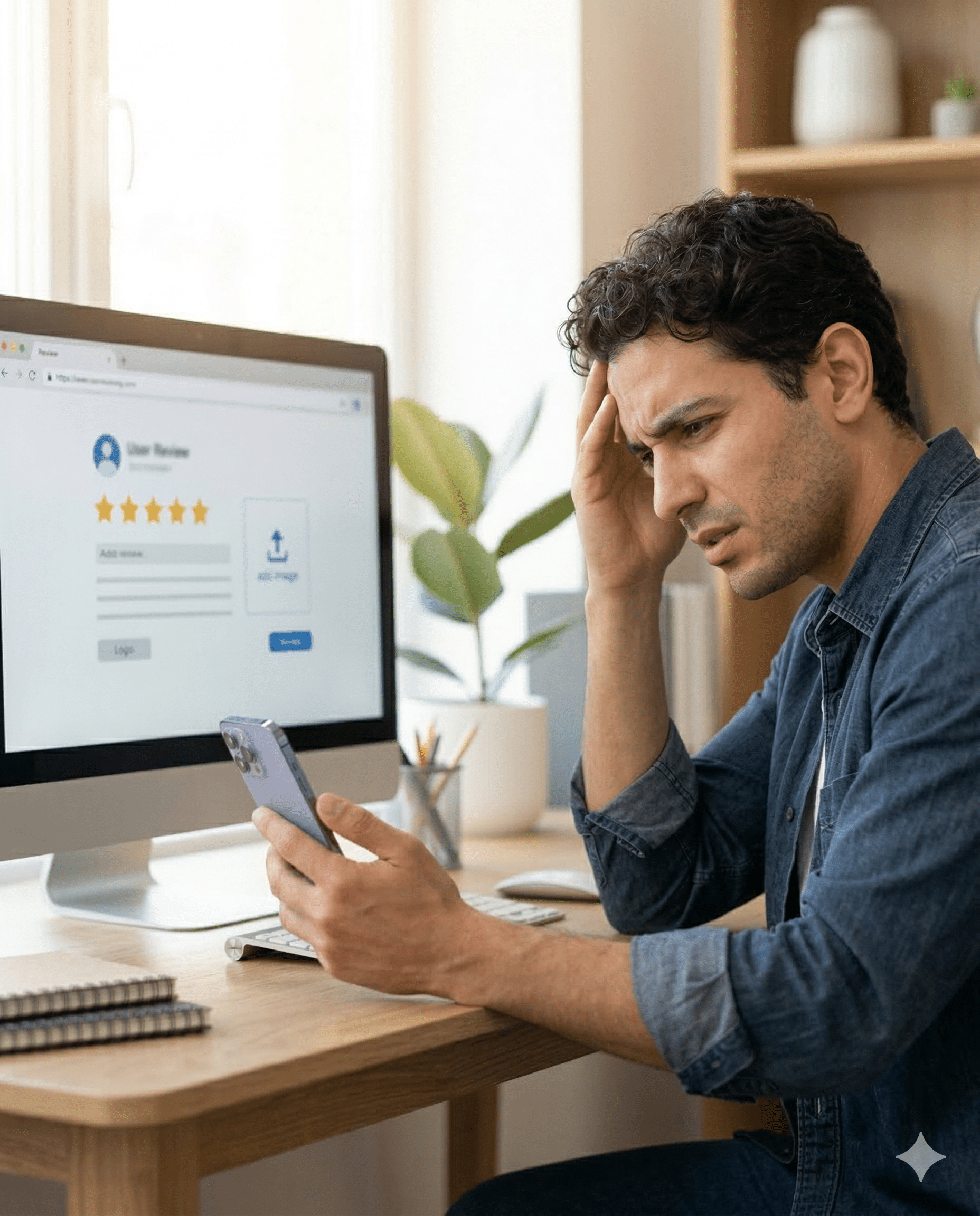 Young man frustrated uploading his video testimonial UGC to a Google Review