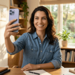 Business woman recording video review testimonial ugc in her home office