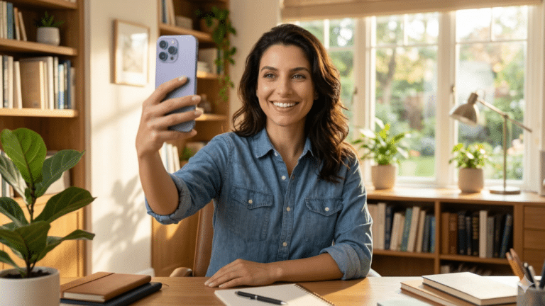 Business woman recording video review testimonial ugc in her home office